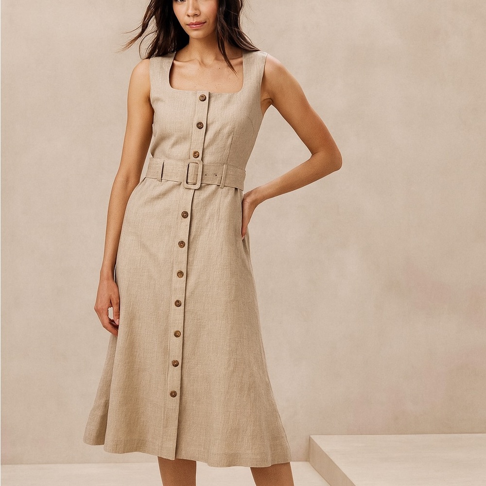 BANANA REPUBLIC Beige Belted Midi Dress. Size 10P